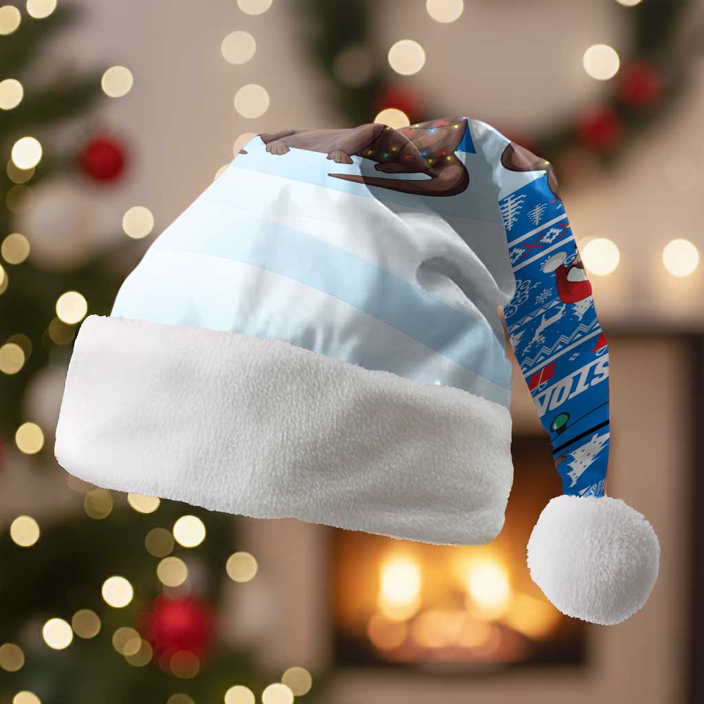 Estonia Christmas Santa Hat with Santa Otters Lights Snowflakes and National Emblem on Blue Pattern - Wonder Print Shop