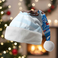 Estonia Christmas Santa Hat with Santa Otters Lights Snowflakes and National Emblem on Blue Pattern - Wonder Print Shop