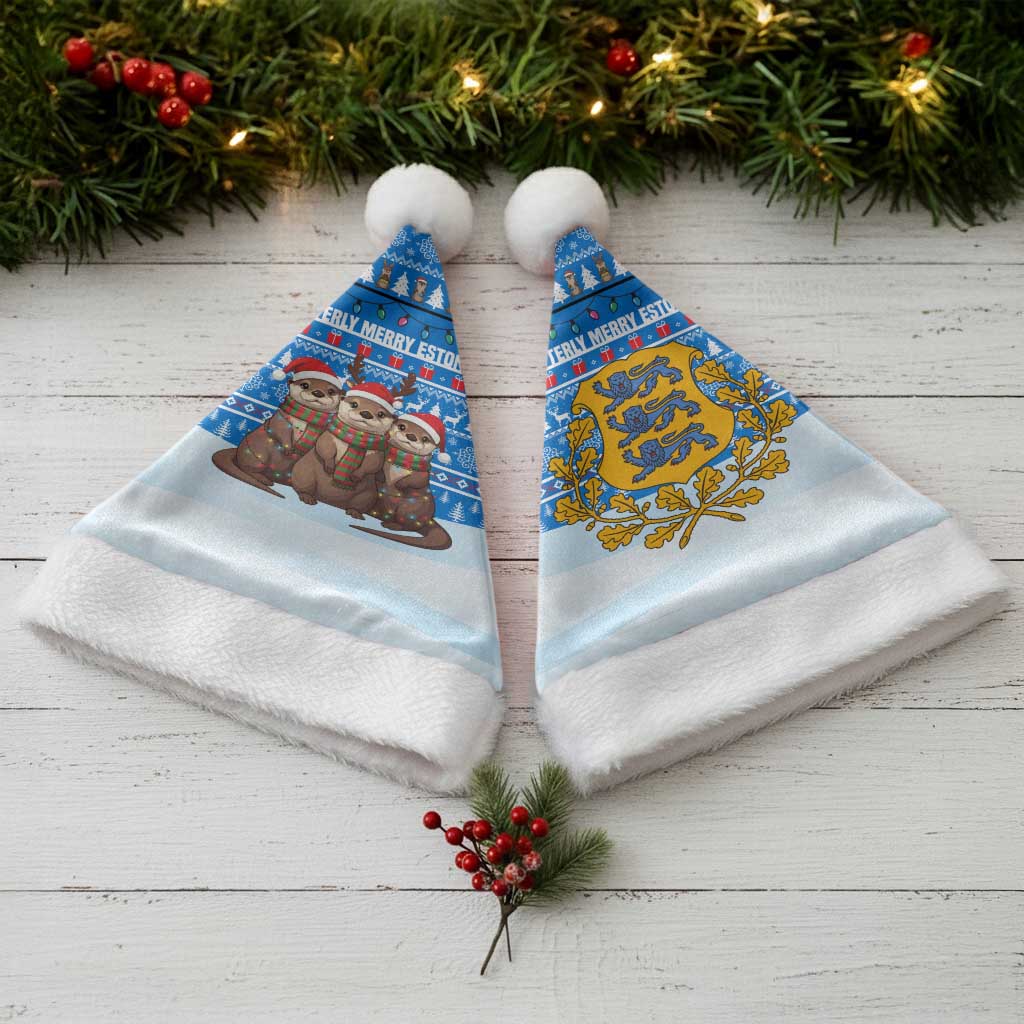 Estonia Christmas Santa Hat with Santa Otters Lights Snowflakes and National Emblem on Blue Pattern - Wonder Print Shop