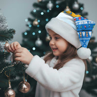 Estonia Christmas Santa Hat with Santa Otters Lights Snowflakes and National Emblem on Blue Pattern - Wonder Print Shop