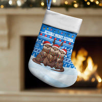 Estonia Christmas Stocking with Santa Otters Lights Snowflakes and National Emblem on Blue Pattern - Wonder Print Shop