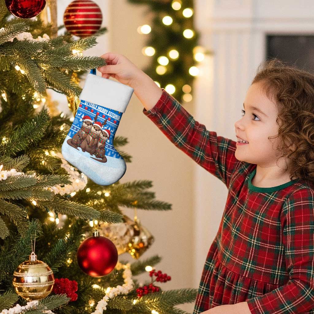 Estonia Christmas Stocking with Santa Otters Lights Snowflakes and National Emblem on Blue Pattern - Wonder Print Shop