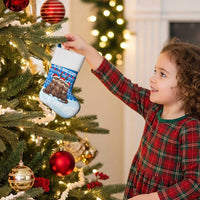 Estonia Christmas Stocking with Santa Otters Lights Snowflakes and National Emblem on Blue Pattern - Wonder Print Shop