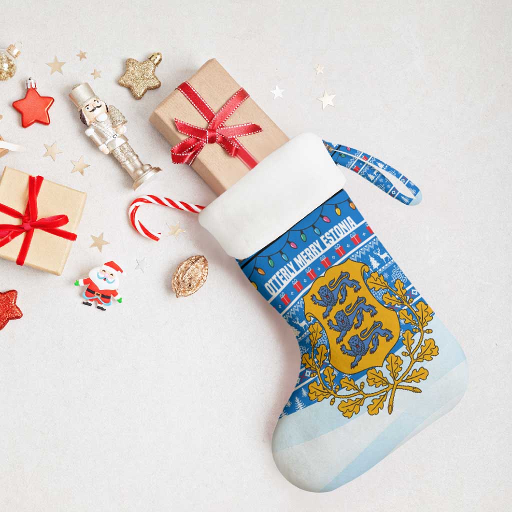 Estonia Christmas Stocking with Santa Otters Lights Snowflakes and National Emblem on Blue Pattern - Wonder Print Shop