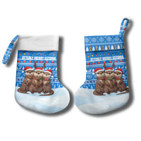 Estonia Christmas Stocking with Santa Otters Lights Snowflakes and National Emblem on Blue Pattern - Wonder Print Shop