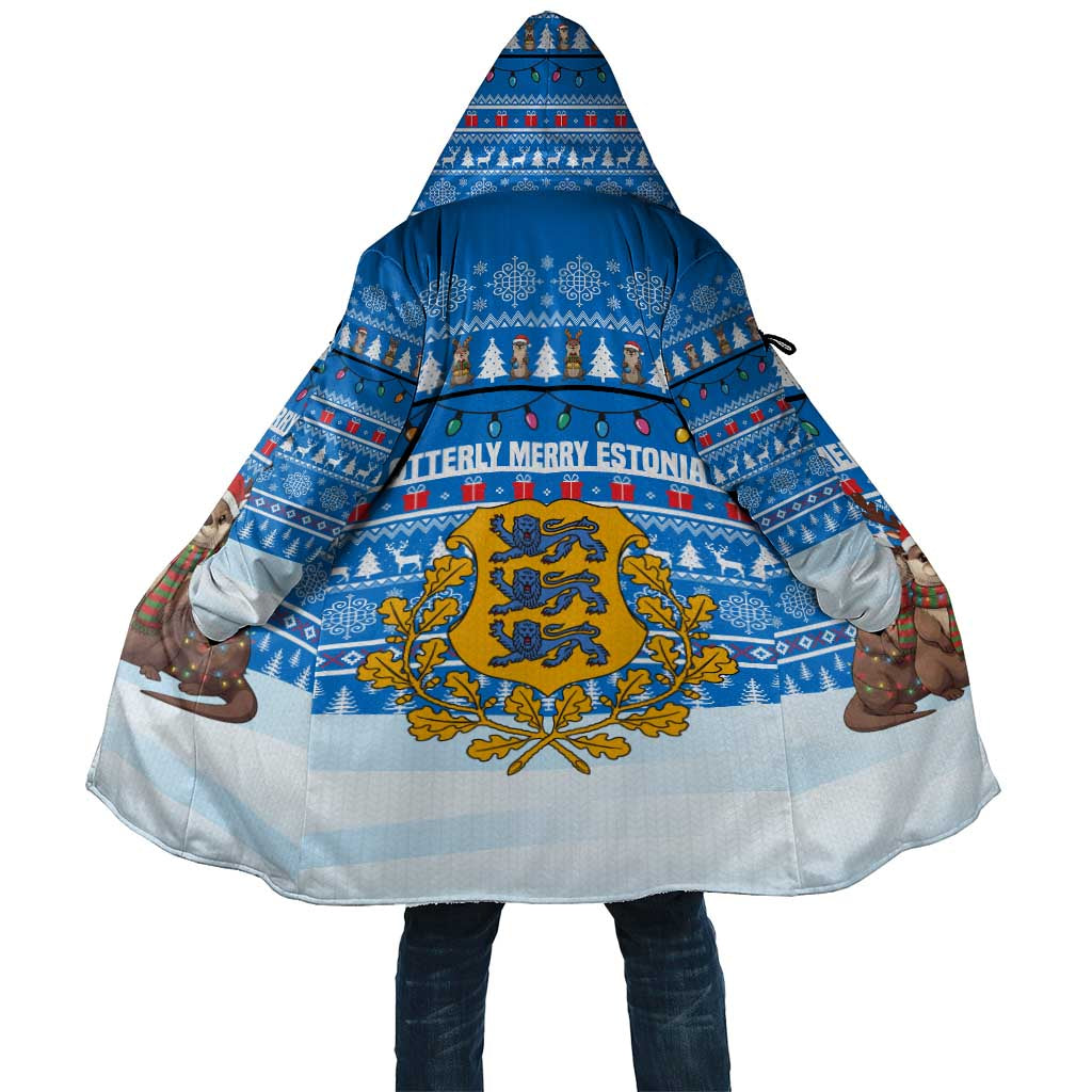 Estonia Christmas Cloak with Santa Otters Lights Snowflakes and National Emblem on Blue Pattern - Wonder Print Shop