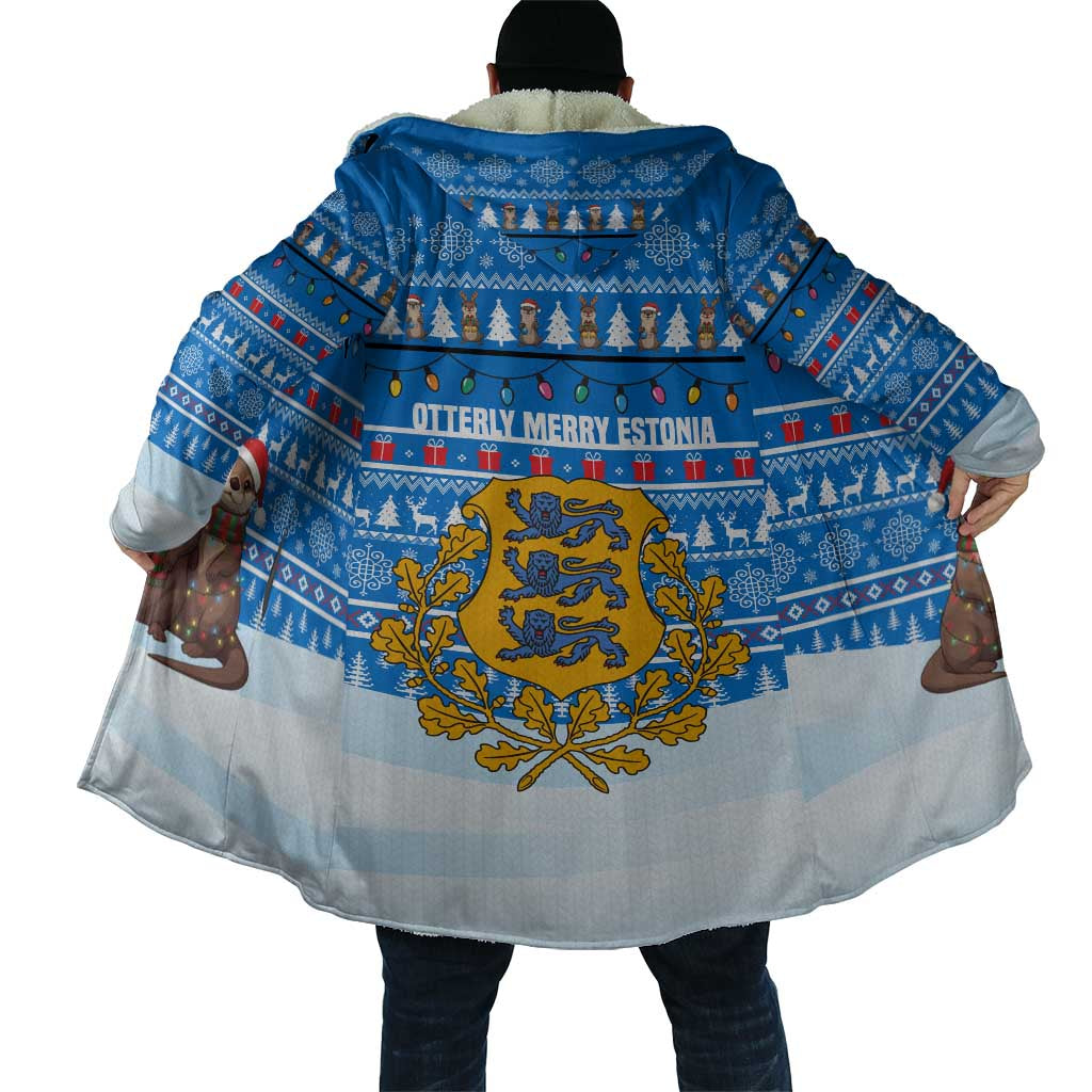 Estonia Christmas Cloak with Santa Otters Lights Snowflakes and National Emblem on Blue Pattern - Wonder Print Shop
