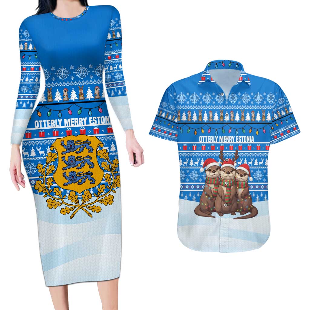 Estonia Christmas Couples Matching Long Sleeve Bodycon Dress and Hawaiian Shirt with Santa Otters Lights Snowflakes and National Emblem on Blue Pattern - Wonder Print Shop