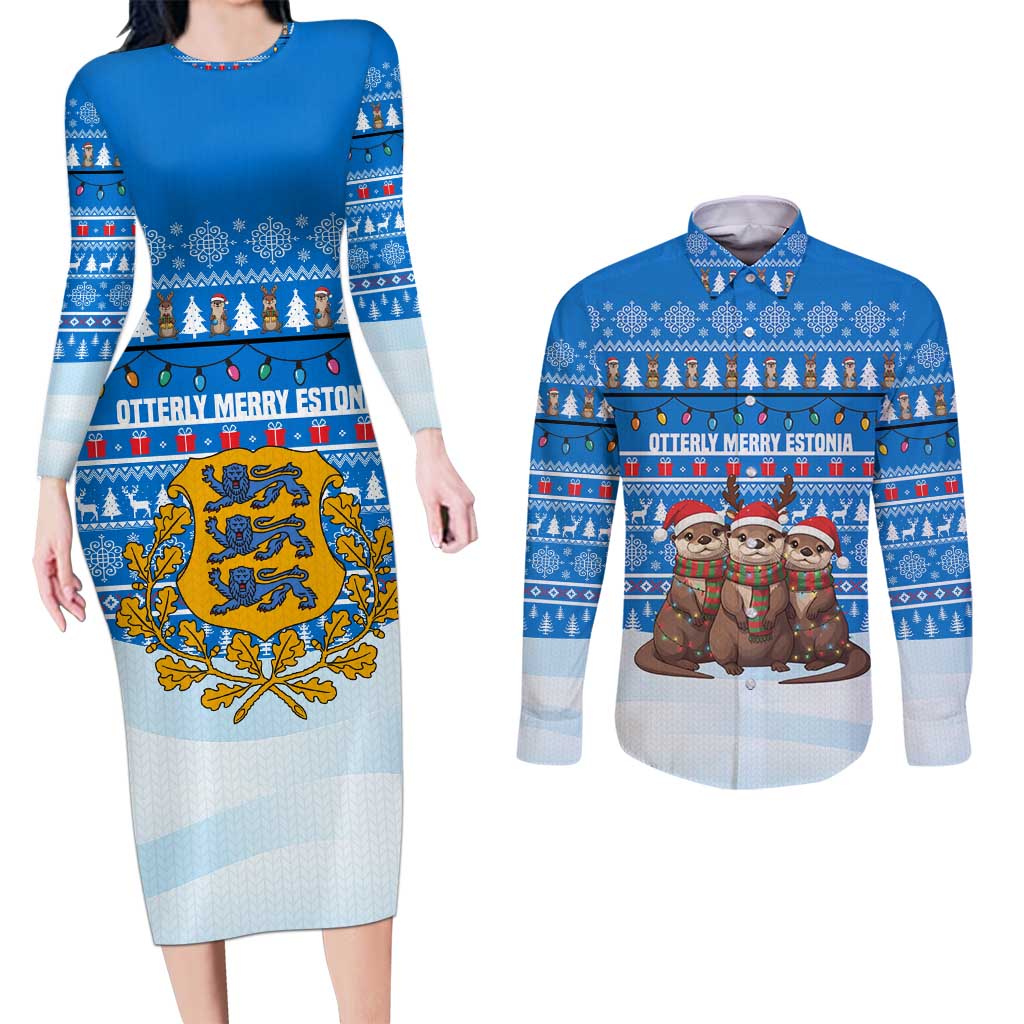 Estonia Christmas Couples Matching Long Sleeve Bodycon Dress and Long Sleeve Button Shirt with Santa Otters Lights Snowflakes and National Emblem on Blue Pattern - Wonder Print Shop