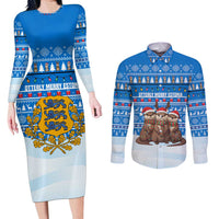 Estonia Christmas Couples Matching Long Sleeve Bodycon Dress and Long Sleeve Button Shirt with Santa Otters Lights Snowflakes and National Emblem on Blue Pattern - Wonder Print Shop