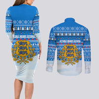 Estonia Christmas Couples Matching Long Sleeve Bodycon Dress and Long Sleeve Button Shirt with Santa Otters Lights Snowflakes and National Emblem on Blue Pattern - Wonder Print Shop
