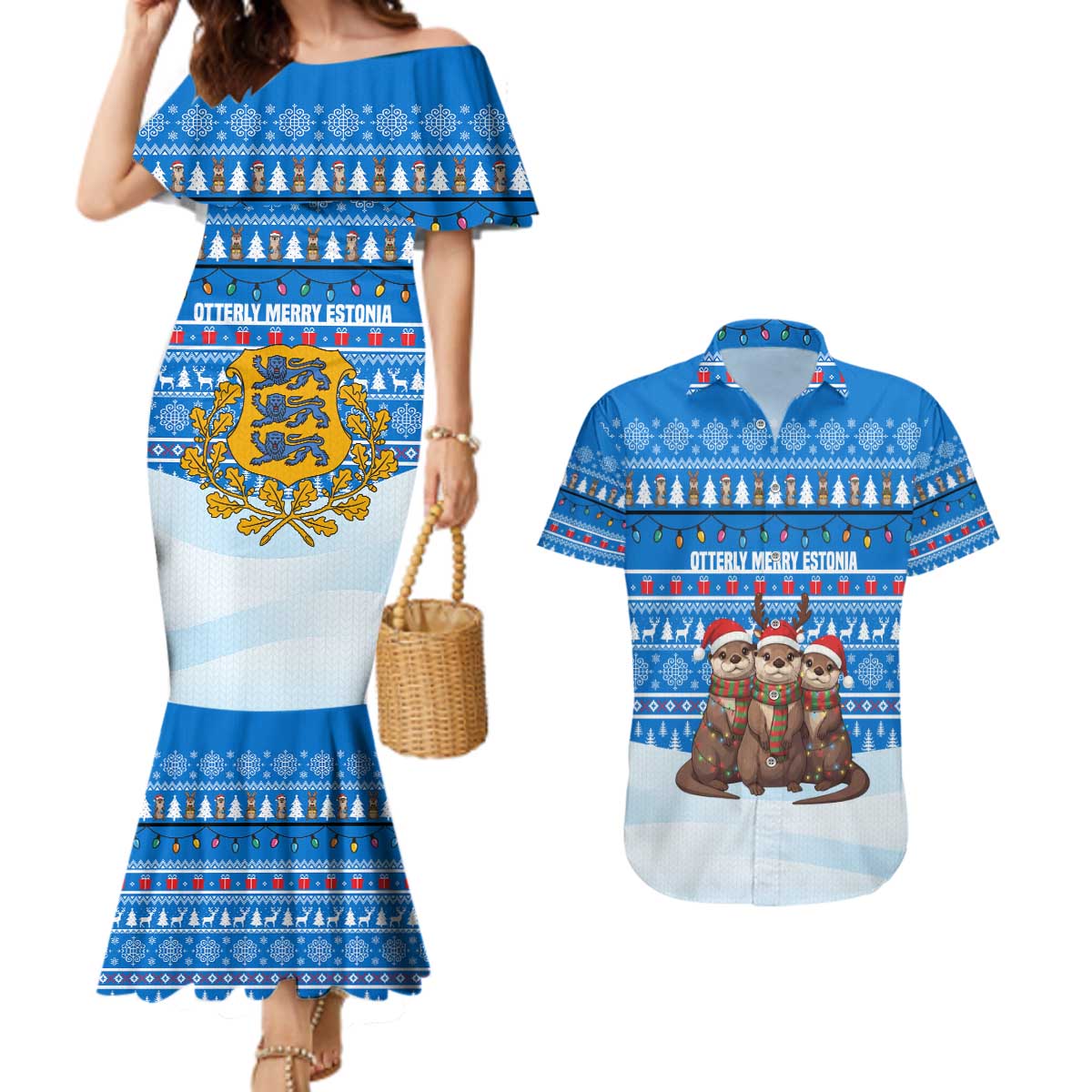 Estonia Christmas Couples Matching Mermaid Dress and Hawaiian Shirt with Santa Otters Lights Snowflakes and National Emblem on Blue Pattern - Wonder Print Shop