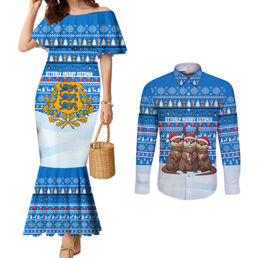 Estonia Christmas Couples Matching Mermaid Dress and Long Sleeve Button Shirt with Santa Otters Lights Snowflakes and National Emblem on Blue Pattern - Wonder Print Shop