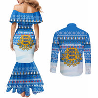 Estonia Christmas Couples Matching Mermaid Dress and Long Sleeve Button Shirt with Santa Otters Lights Snowflakes and National Emblem on Blue Pattern - Wonder Print Shop
