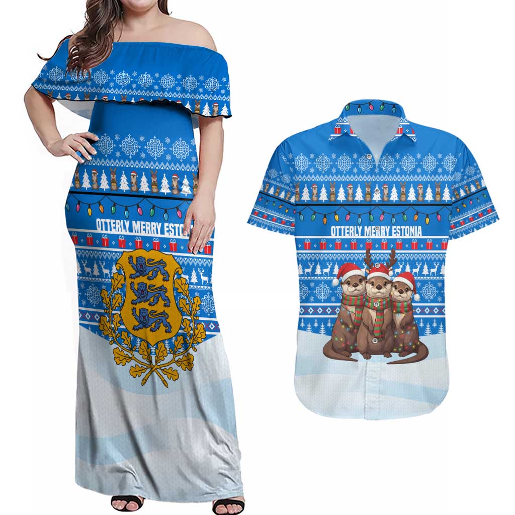 Estonia Christmas Couples Matching Off Shoulder Maxi Dress and Hawaiian Shirt with Santa Otters Lights Snowflakes and National Emblem on Blue Pattern - Wonder Print Shop