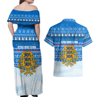 Estonia Christmas Couples Matching Off Shoulder Maxi Dress and Hawaiian Shirt with Santa Otters Lights Snowflakes and National Emblem on Blue Pattern - Wonder Print Shop