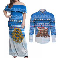 Estonia Christmas Couples Matching Off Shoulder Maxi Dress and Long Sleeve Button Shirt with Santa Otters Lights Snowflakes and National Emblem on Blue Pattern - Wonder Print Shop