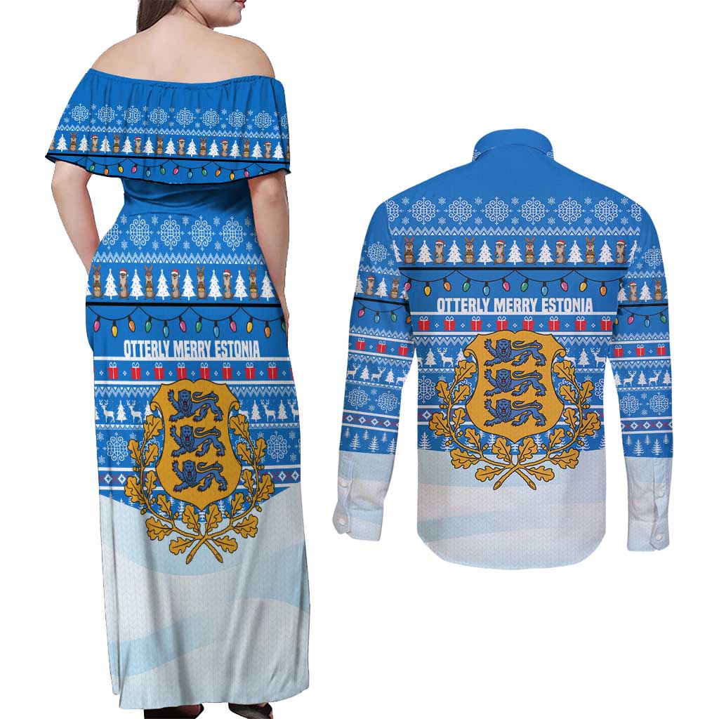 Estonia Christmas Couples Matching Off Shoulder Maxi Dress and Long Sleeve Button Shirt with Santa Otters Lights Snowflakes and National Emblem on Blue Pattern - Wonder Print Shop
