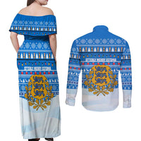 Estonia Christmas Couples Matching Off Shoulder Maxi Dress and Long Sleeve Button Shirt with Santa Otters Lights Snowflakes and National Emblem on Blue Pattern - Wonder Print Shop