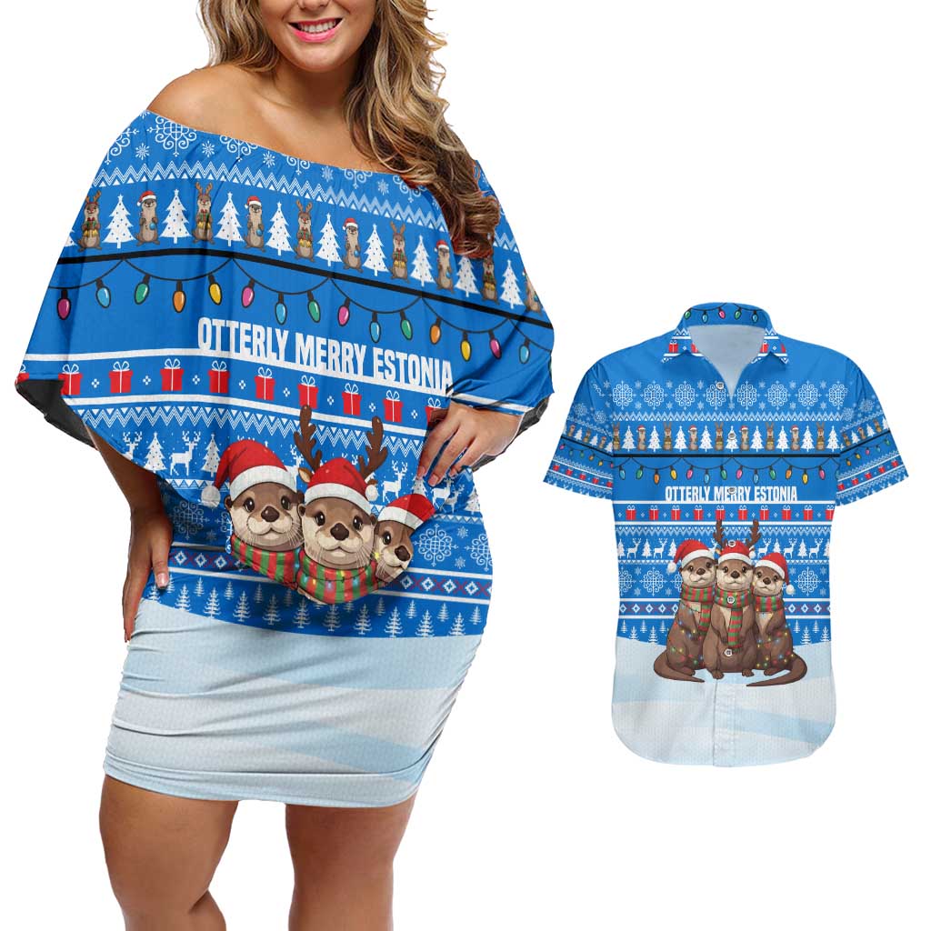 Estonia Christmas Couples Matching Off Shoulder Short Dress and Hawaiian Shirt with Santa Otters Lights Snowflakes and National Emblem on Blue Pattern - Wonder Print Shop