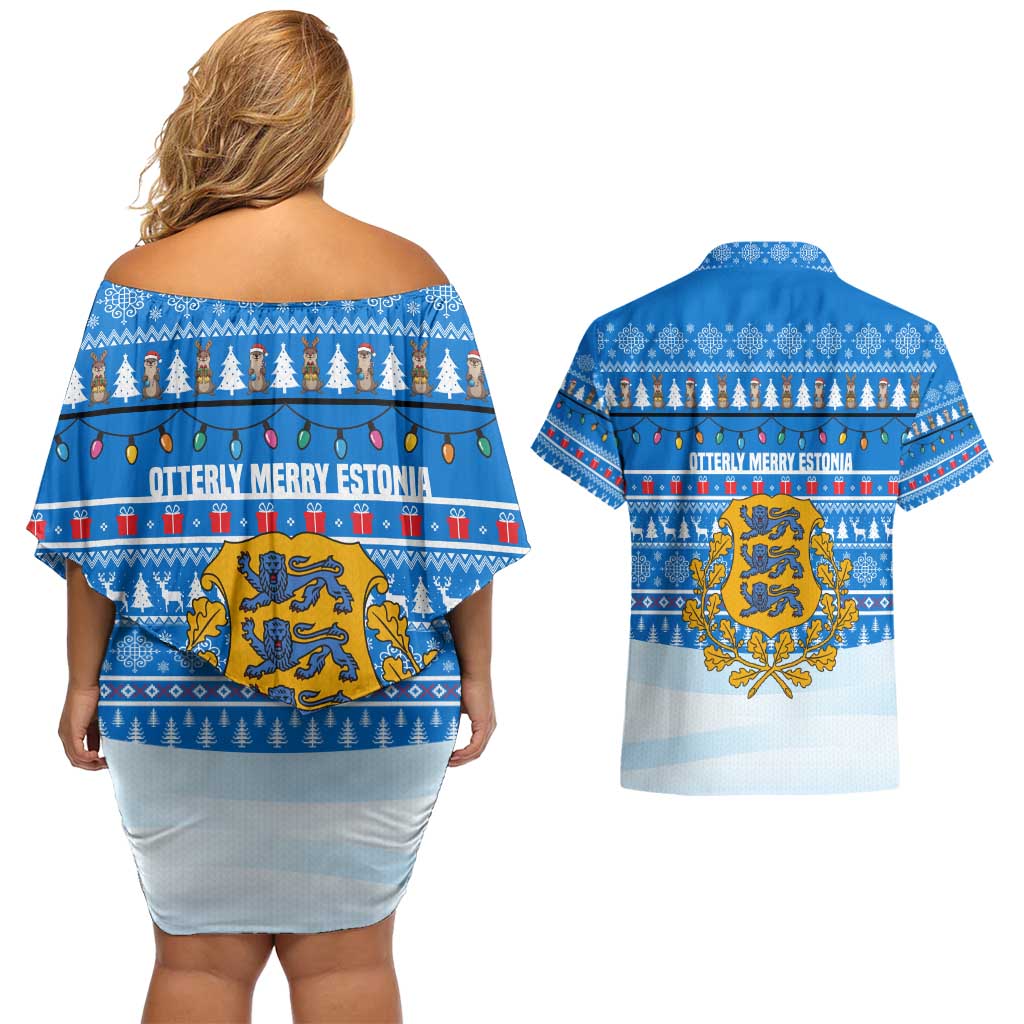 Estonia Christmas Couples Matching Off Shoulder Short Dress and Hawaiian Shirt with Santa Otters Lights Snowflakes and National Emblem on Blue Pattern - Wonder Print Shop
