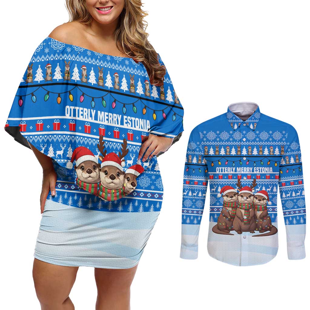 Estonia Christmas Couples Matching Off Shoulder Short Dress and Long Sleeve Button Shirt with Santa Otters Lights Snowflakes and National Emblem on Blue Pattern - Wonder Print Shop
