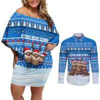 Estonia Christmas Couples Matching Off Shoulder Short Dress and Long Sleeve Button Shirt with Santa Otters Lights Snowflakes and National Emblem on Blue Pattern - Wonder Print Shop