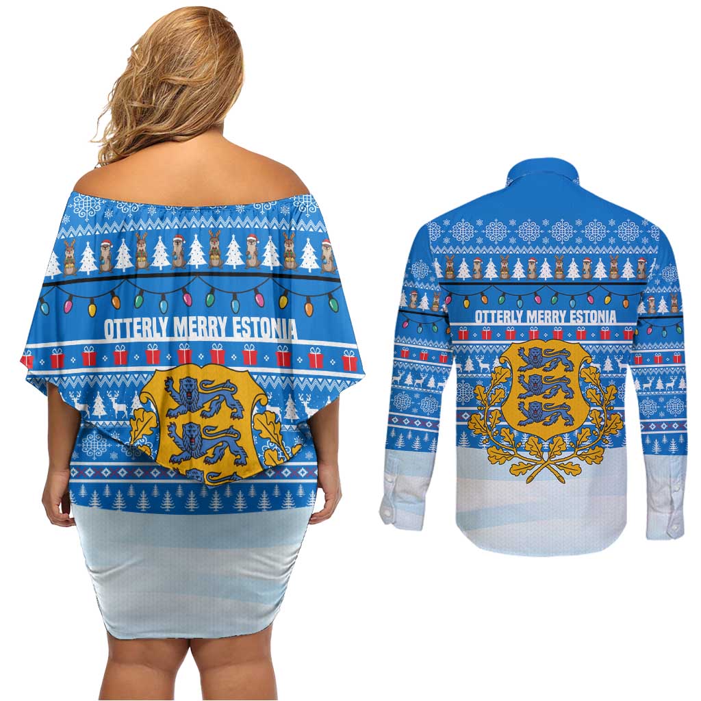 Estonia Christmas Couples Matching Off Shoulder Short Dress and Long Sleeve Button Shirt with Santa Otters Lights Snowflakes and National Emblem on Blue Pattern - Wonder Print Shop