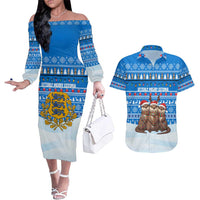 Estonia Christmas Couples Matching Off The Shoulder Long Sleeve Dress and Hawaiian Shirt with Santa Otters Lights Snowflakes and National Emblem on Blue Pattern - Wonder Print Shop