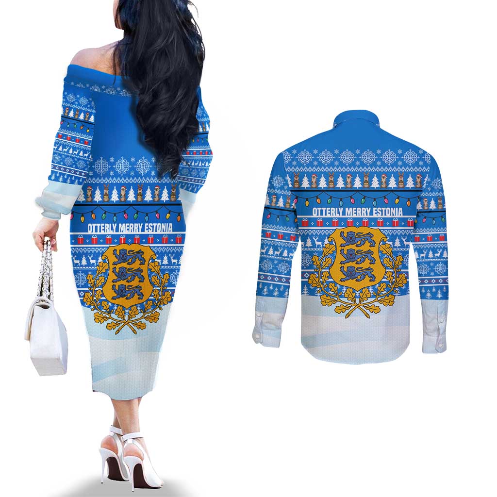 Estonia Christmas Couples Matching Off The Shoulder Long Sleeve Dress and Long Sleeve Button Shirt with Santa Otters Lights Snowflakes and National Emblem on Blue Pattern - Wonder Print Shop