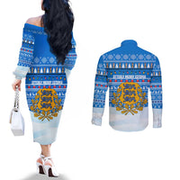 Estonia Christmas Couples Matching Off The Shoulder Long Sleeve Dress and Long Sleeve Button Shirt with Santa Otters Lights Snowflakes and National Emblem on Blue Pattern - Wonder Print Shop