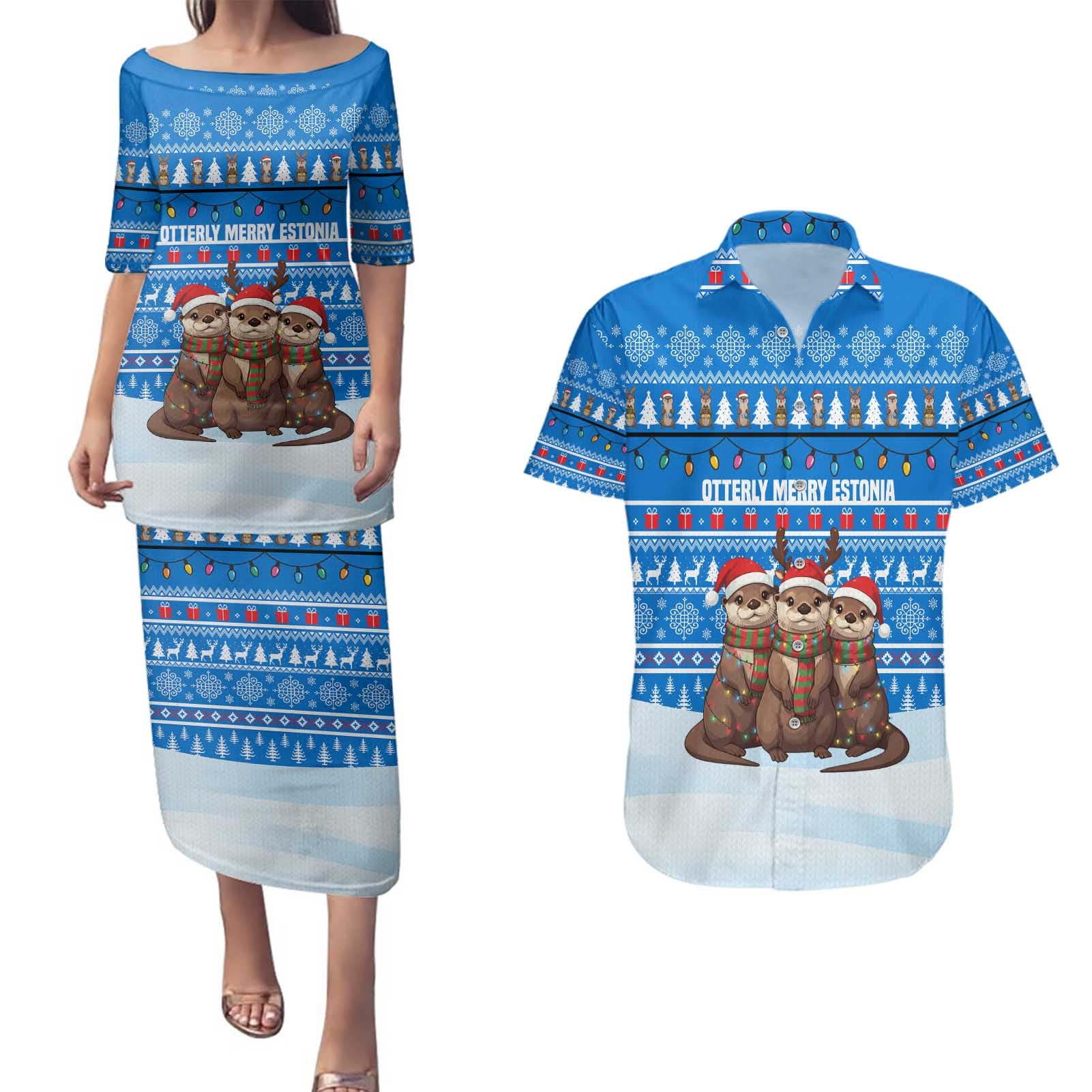 Estonia Christmas Couples Matching Puletasi and Hawaiian Shirt with Santa Otters Lights Snowflakes and National Emblem on Blue Pattern - Wonder Print Shop