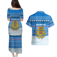 Estonia Christmas Couples Matching Puletasi and Hawaiian Shirt with Santa Otters Lights Snowflakes and National Emblem on Blue Pattern - Wonder Print Shop