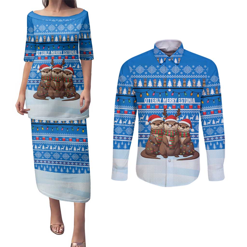 Estonia Christmas Couples Matching Puletasi and Long Sleeve Button Shirt with Santa Otters Lights Snowflakes and National Emblem on Blue Pattern - Wonder Print Shop