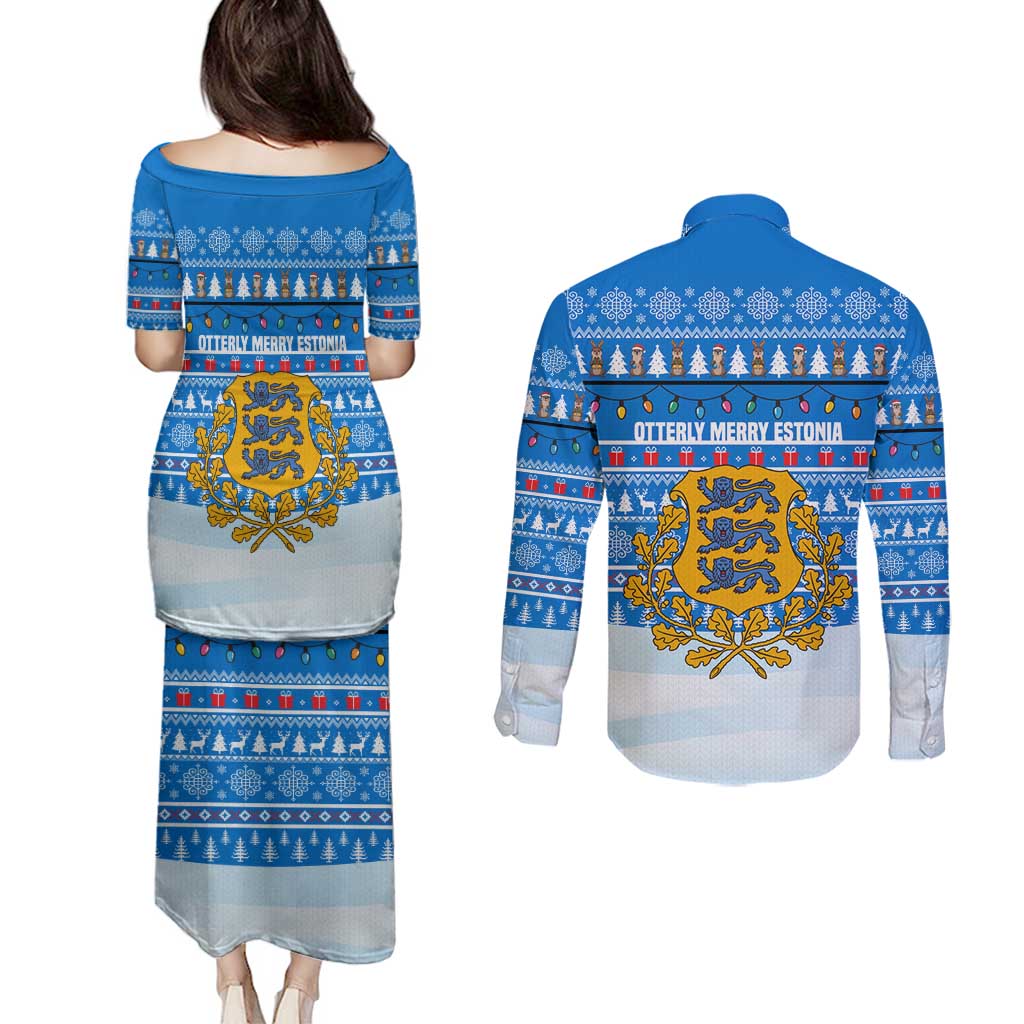 Estonia Christmas Couples Matching Puletasi and Long Sleeve Button Shirt with Santa Otters Lights Snowflakes and National Emblem on Blue Pattern - Wonder Print Shop