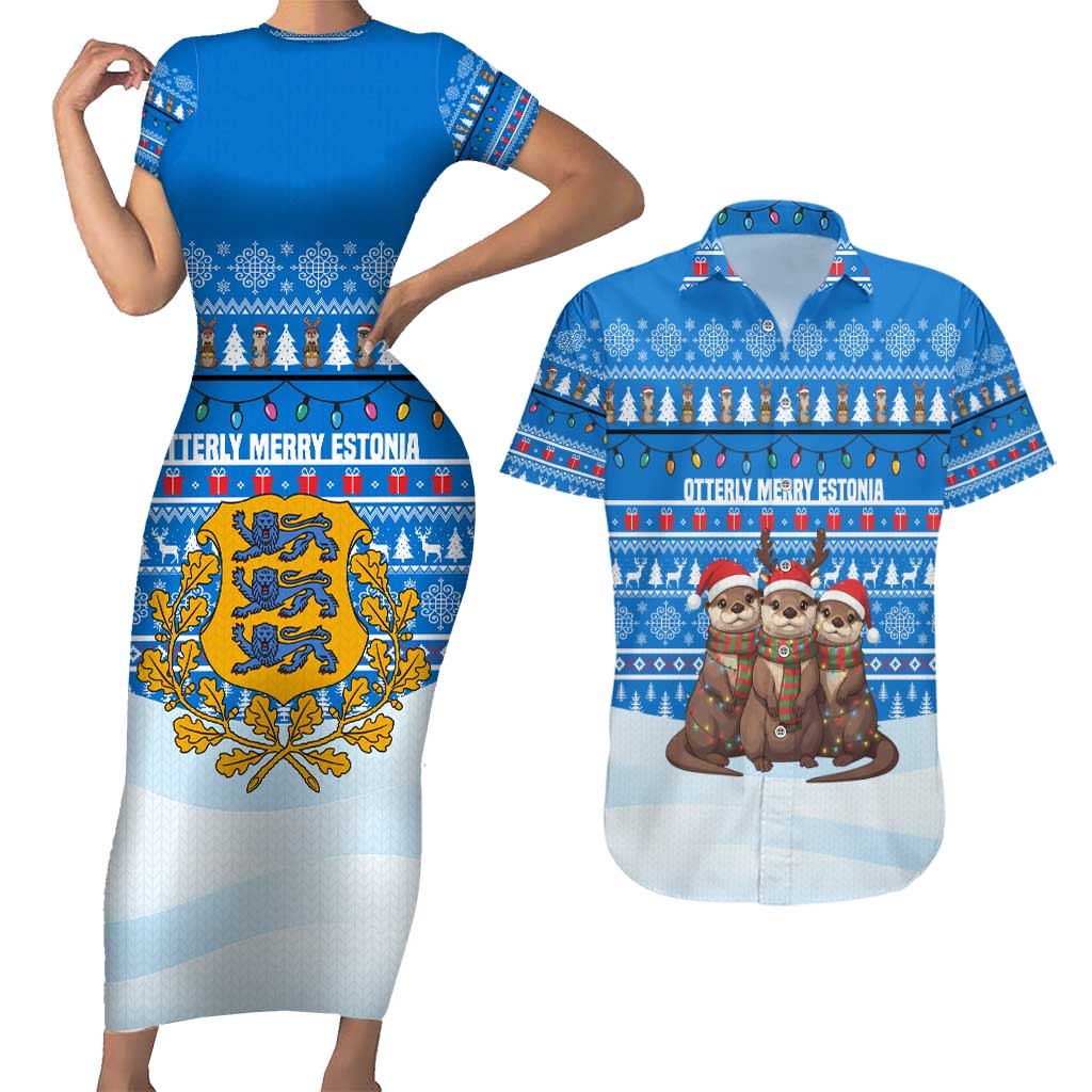 Estonia Christmas Couples Matching Short Sleeve Bodycon Dress and Hawaiian Shirt with Santa Otters Lights Snowflakes and National Emblem on Blue Pattern - Wonder Print Shop