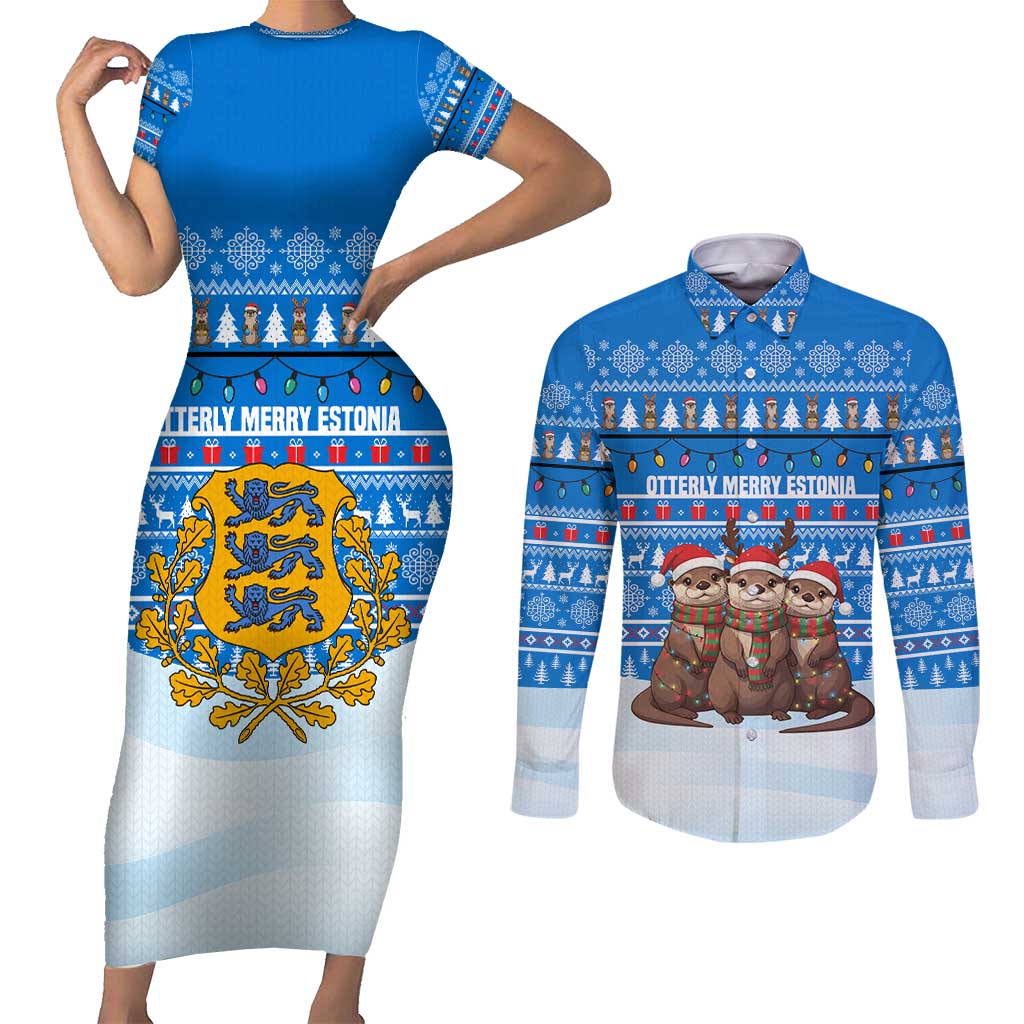 Estonia Christmas Couples Matching Short Sleeve Bodycon Dress and Long Sleeve Button Shirt with Santa Otters Lights Snowflakes and National Emblem on Blue Pattern - Wonder Print Shop
