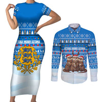 Estonia Christmas Couples Matching Short Sleeve Bodycon Dress and Long Sleeve Button Shirt with Santa Otters Lights Snowflakes and National Emblem on Blue Pattern - Wonder Print Shop
