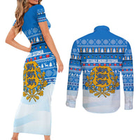 Estonia Christmas Couples Matching Short Sleeve Bodycon Dress and Long Sleeve Button Shirt with Santa Otters Lights Snowflakes and National Emblem on Blue Pattern - Wonder Print Shop