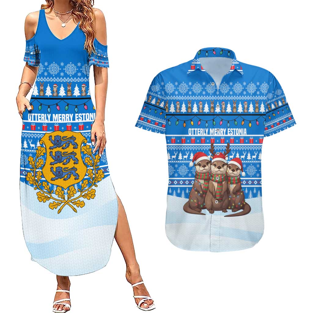 Estonia Christmas Couples Matching Summer Maxi Dress and Hawaiian Shirt with Santa Otters Lights Snowflakes and National Emblem on Blue Pattern - Wonder Print Shop