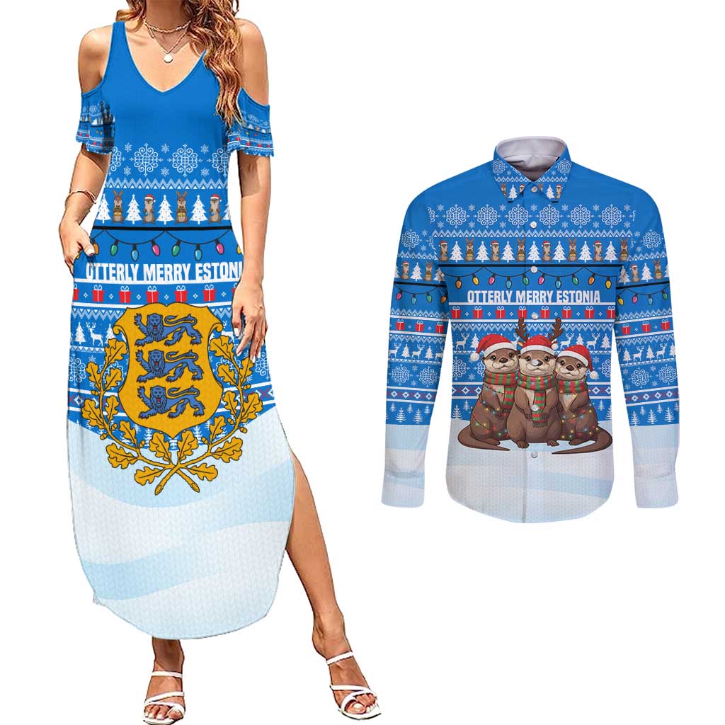 Estonia Christmas Couples Matching Summer Maxi Dress and Long Sleeve Button Shirt with Santa Otters Lights Snowflakes and National Emblem on Blue Pattern - Wonder Print Shop