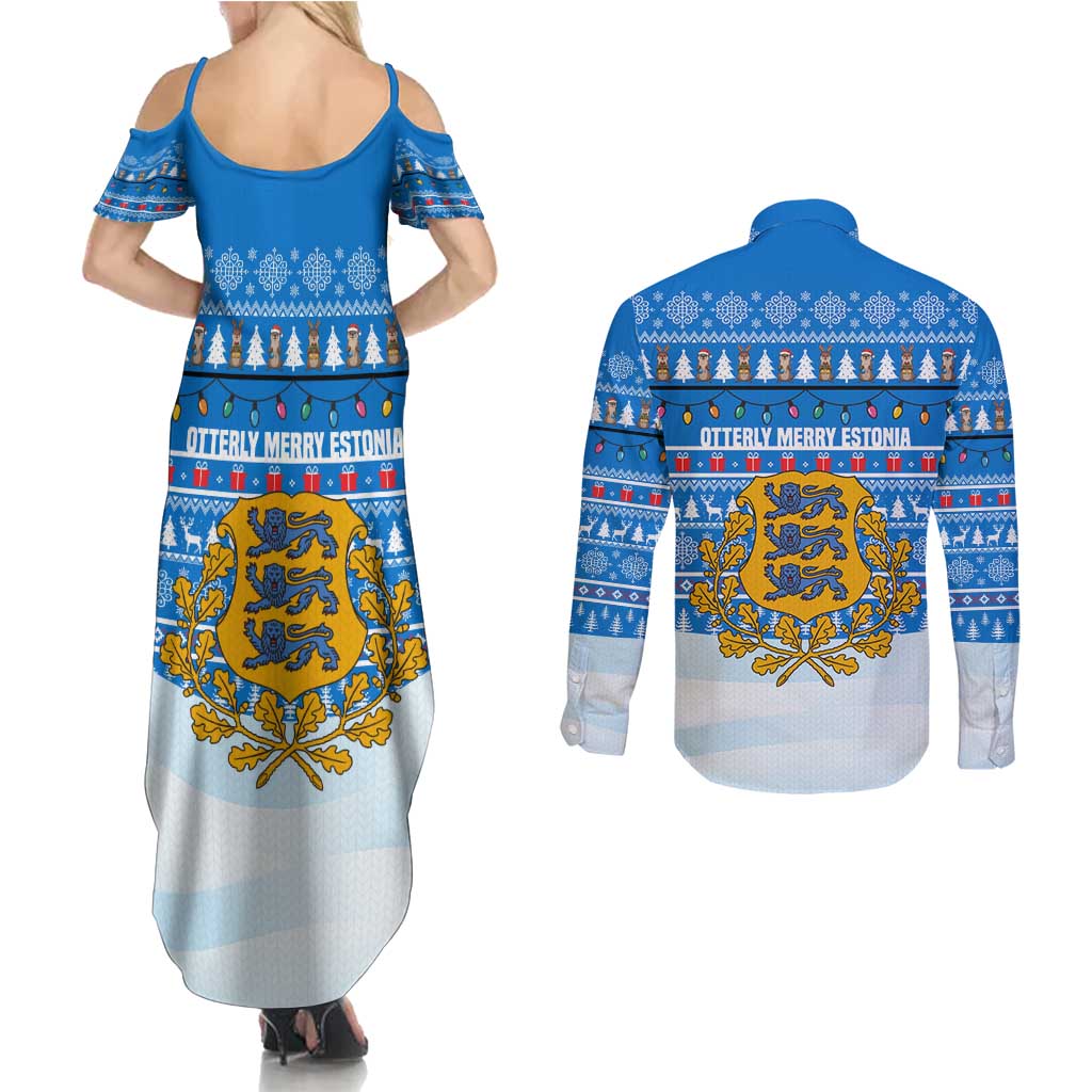 Estonia Christmas Couples Matching Summer Maxi Dress and Long Sleeve Button Shirt with Santa Otters Lights Snowflakes and National Emblem on Blue Pattern - Wonder Print Shop