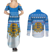Estonia Christmas Couples Matching Summer Maxi Dress and Long Sleeve Button Shirt with Santa Otters Lights Snowflakes and National Emblem on Blue Pattern - Wonder Print Shop