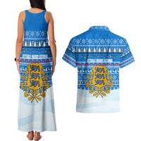 Estonia Christmas Couples Matching Tank Maxi Dress and Hawaiian Shirt with Santa Otters Lights Snowflakes and National Emblem on Blue Pattern - Wonder Print Shop