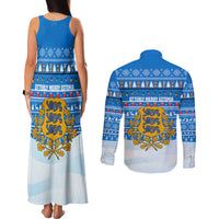 Estonia Christmas Couples Matching Tank Maxi Dress and Long Sleeve Button Shirt with Santa Otters Lights Snowflakes and National Emblem on Blue Pattern - Wonder Print Shop