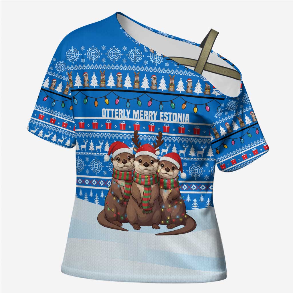 Estonia Christmas Cross Shoulder Shirt with Santa Otters Lights Snowflakes and National Emblem on Blue Pattern - Wonder Print Shop