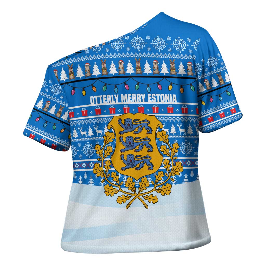Estonia Christmas Cross Shoulder Shirt with Santa Otters Lights Snowflakes and National Emblem on Blue Pattern - Wonder Print Shop