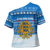 Estonia Christmas Cross Shoulder Shirt with Santa Otters Lights Snowflakes and National Emblem on Blue Pattern - Wonder Print Shop