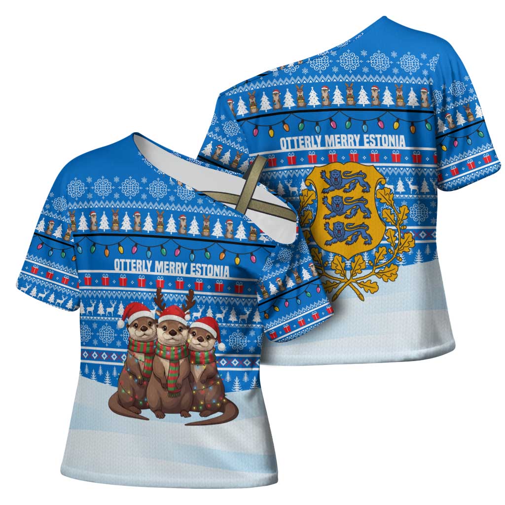Estonia Christmas Cross Shoulder Shirt with Santa Otters Lights Snowflakes and National Emblem on Blue Pattern - Wonder Print Shop