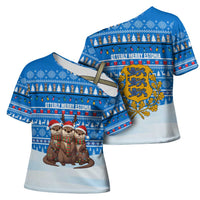 Estonia Christmas Cross Shoulder Shirt with Santa Otters Lights Snowflakes and National Emblem on Blue Pattern - Wonder Print Shop